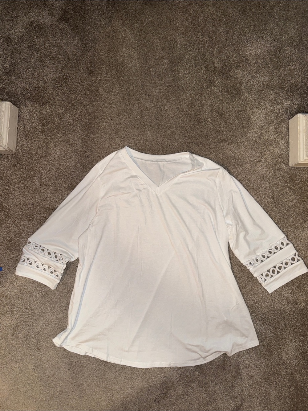 White V-Neck 3/4 Sleeve Top with Eyelet Trim